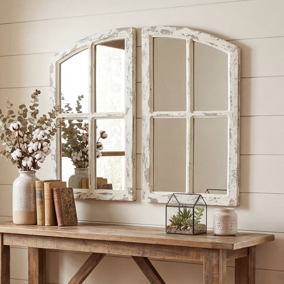 Farmhouse Arch Wood Window Pane Mirror(Set of 2) , 27.25" x 15"