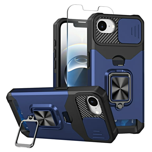 For iPhone 17e 16e Case with Screen Protector & Sliding Camera Lens Cover, Full Body Proteciton Card Holder Ring Kickstand Magnetic Case Compatible with Car Mount, Navy