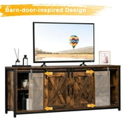 Ktaxon Farmhouse TV Stand for 65 TVs, Rustic Natural Brown Entertainment Center, Barn Doors TV Cabinet with Storage Cubes Furniture
