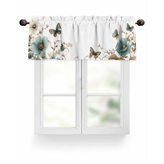 Blue Flowers Valances for Windows Butterfly Watercolor Floral Pastoral Style Valance Rod Pocket Light Filtering Short Window Treatments Curtains for Kitchen Bathroom Living Room Bedroom, 42 x 12 Inch