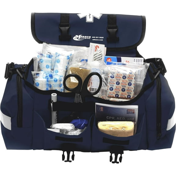 MFASCO First Aid Kit - Fully Stocked Portable Reflective Bag -First Responder Emergency Response Kit-for Natural Disaster Preparedness-Customizable Storage-Includes 415 Pcs First Aid Supplies- Blue