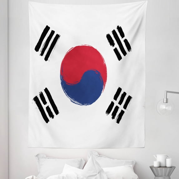 Korean Flag Tapestry, South Korea Country Concept Grunge Painting, Fabric Wall Hanging Decor for Bedroom Living Room Dorm, 5 Sizes, White Dark Pink Blue, by Ambesonne