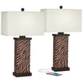 thumbnail image 2 of 360 Lighting Modern Table Lamps Set of 2 with USB Charging Port 27" Tall Zebra Faux Wood Off-White Fabric Shade for Bedroom Bedside House, 2 of 9
