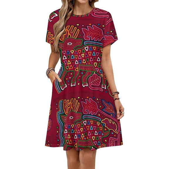 Mola De Panama Deer Women's Dress Short Sleeve Summer Sundress Summer Women Clothes