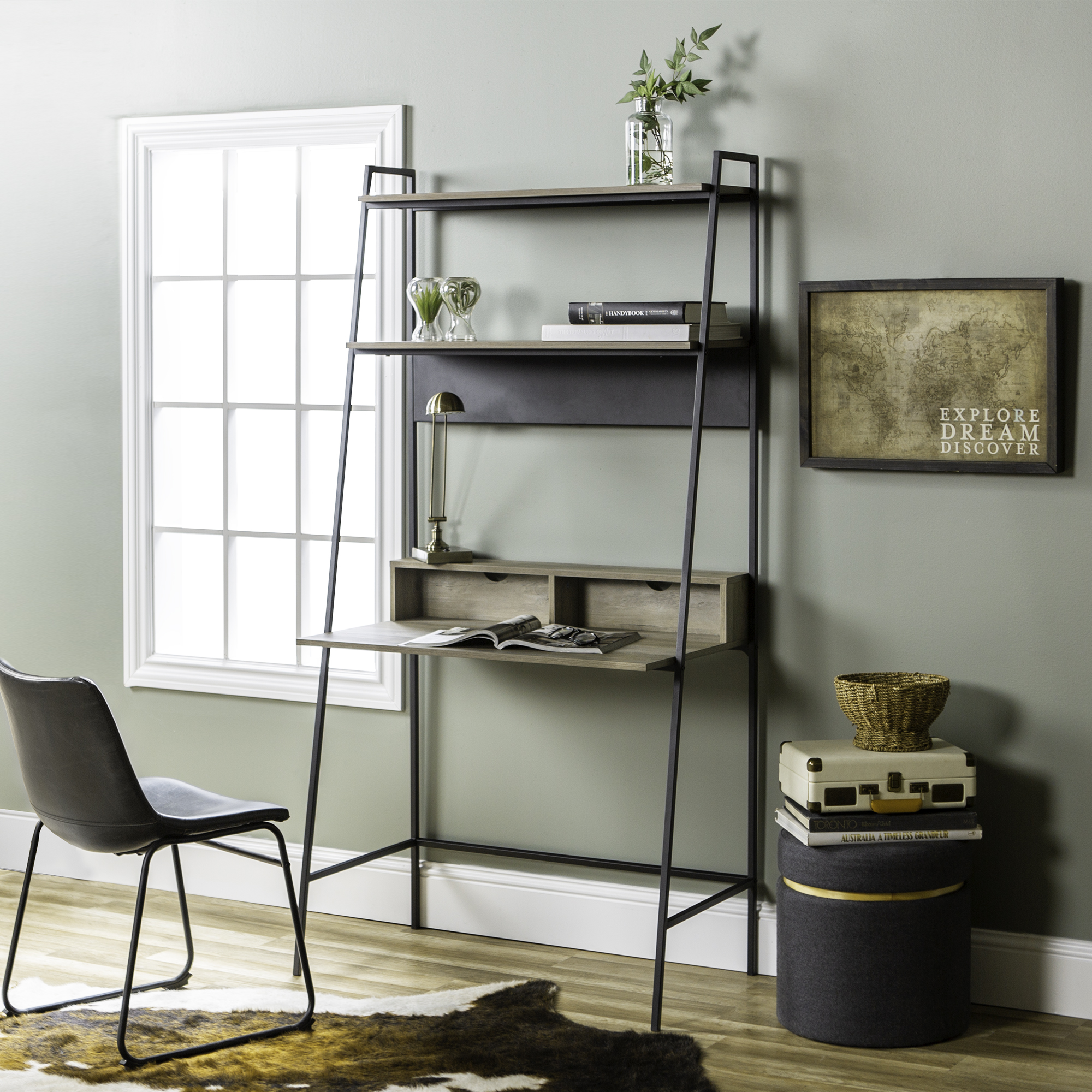 Woven Paths Modern Metal and Wood Ladder Computer Desk, Grey Wash