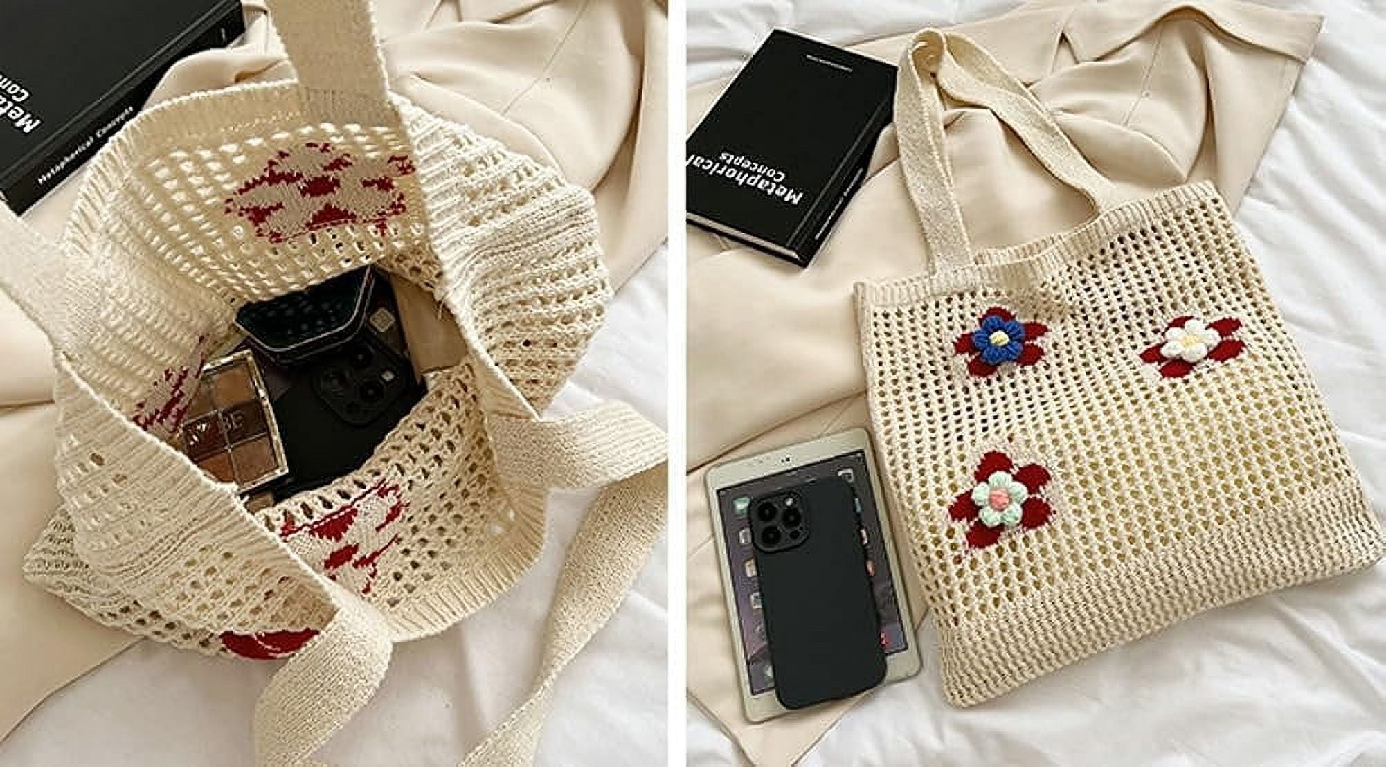 Kukuzhu Women Handmade Crochet Tote Bag Y2k Purse Cute Aesthetic Shoulder Bag Knitted Hobo Bag Mesh Beach Bag