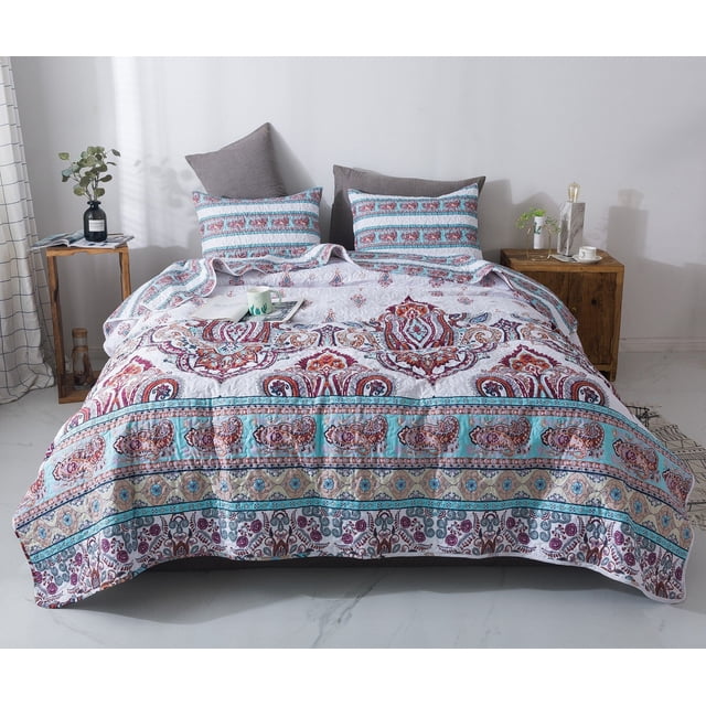 DaDa Bedding Bohemian Fitted Sheet w/Pillow Cases - Coral Teal Floral Paisley Botanical Garden Party - Bright Vibrant Multi-Colorful Blue Salmon Pink