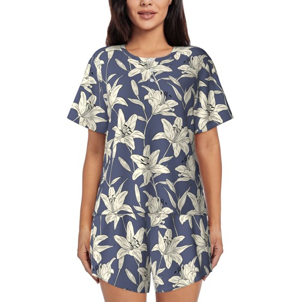 Fotbe Lilies Flowers Conjunto de Pijama Estampado para Mujer, 2 Piezas, Ropa de Dormir con Camiseta de Manga Corta y Shorts Suaves-XX-Large
