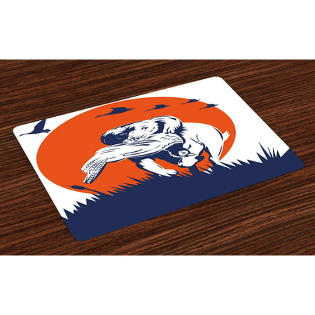 Hunting Placemats Set of 4 Cocker Spaniel Breed Dog Retrieving the Pheasant Flying Ducks at Sunset, Washable Fabric Place Mats for Dining Room Kitchen Table Decor,Dark Blue Orange White, by
