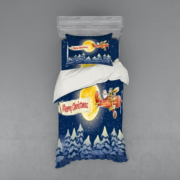 Ambesonne Christmas Bedding Set 3 Pcs, Santa Claus Airline, Twin, Dark Blue Marigold Red