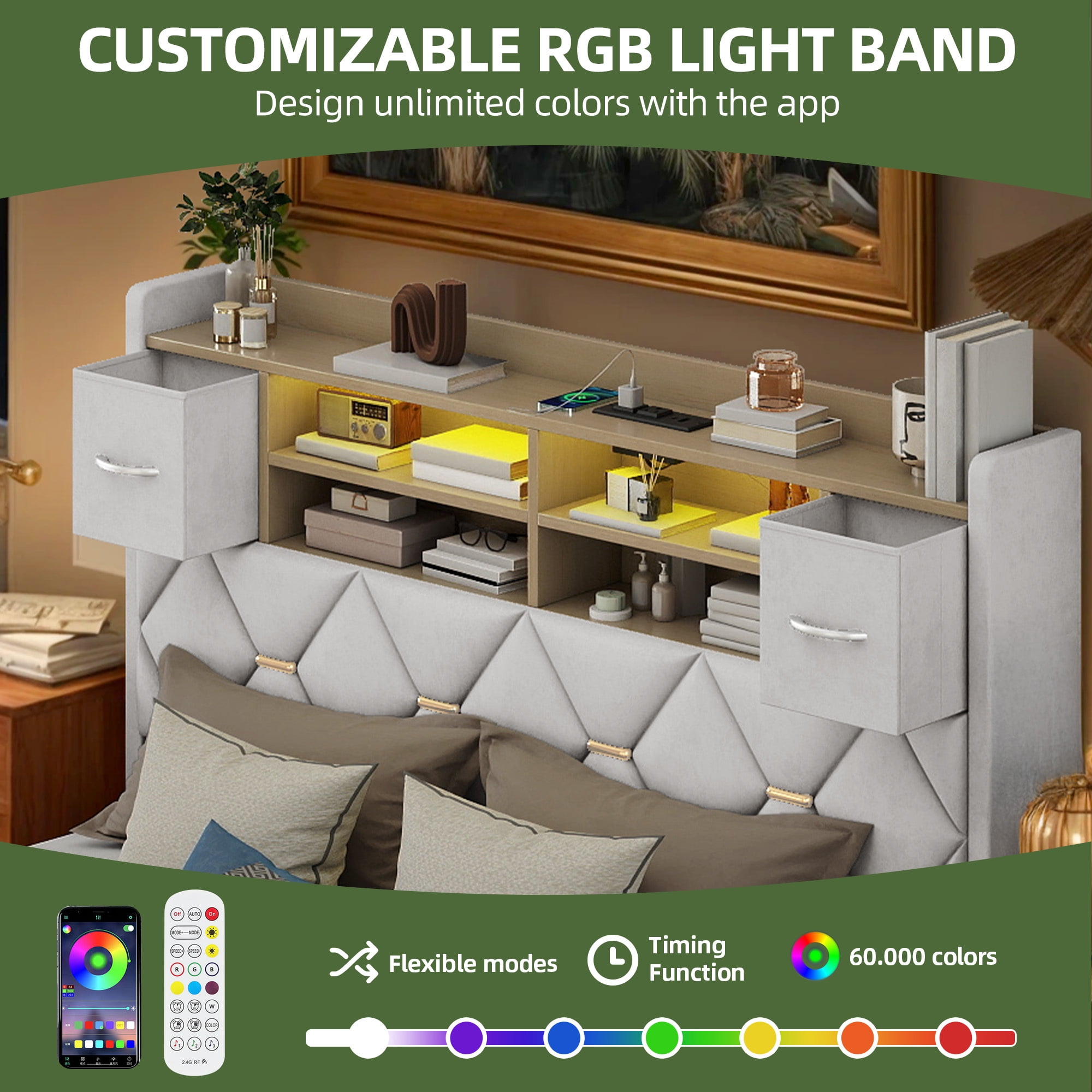 Uforic Full Size Bed Frame with Storage & Power Outlets, PU Leather Bed Frame with LED Lights, White
