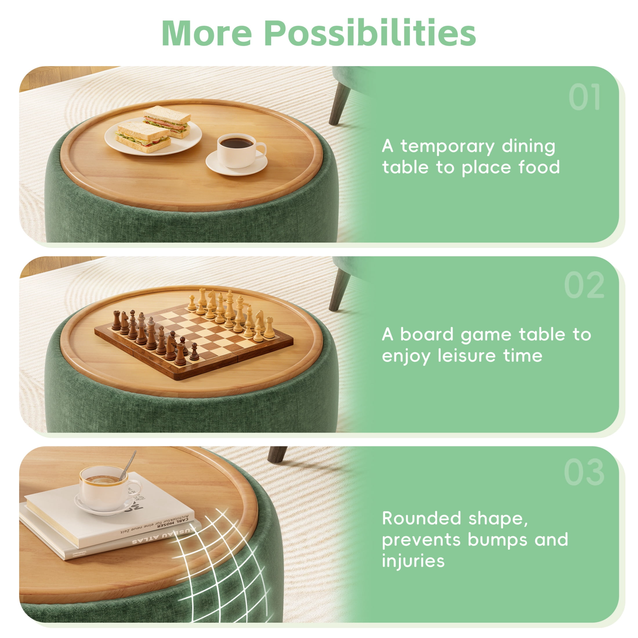 Noble House 29" Round Storage Ottoman with Reversible Wood Tray Lid and Base, Chenille Upholstered Footrest, Green