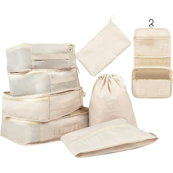 Gowinsee 8 Pcs Set Packing Cubes , Lightweight Travel Luggage Packing Organizers With Toiletry Bag And Shoes Bag For Travel Accessories (Beige)