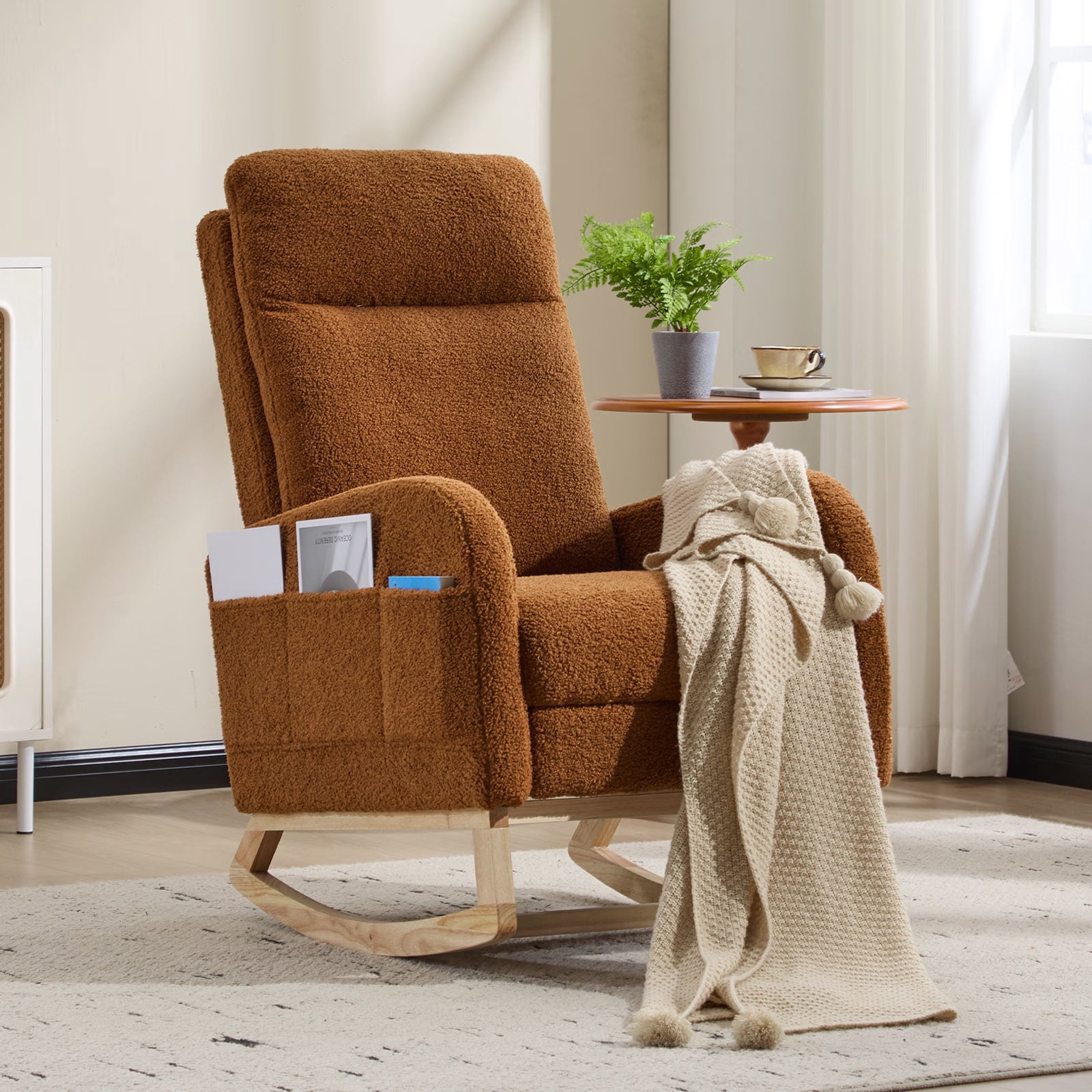 Brookwell Cozy Reclining Rocking Chair – Ergonomic Upholstered Glider with Pocket Storage, Adjustable Backrest, and Wooden Base for Living Room, Bedroom, Nursery