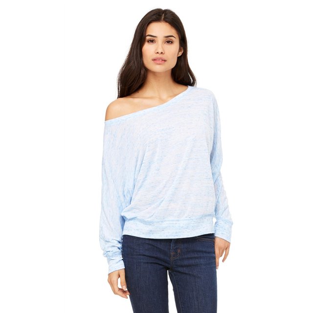 The Bella + Canvas Ladies Flowy Long Sleeve Off Shoulder T-Shirt - BLUE MARBLE - S