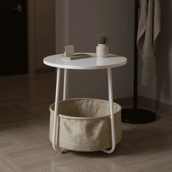 FurnitureR Sleek White Table with Beige Fabric Storage Basket – Perfect for Modern Entryways, Featuring Practical Storage for Keys, Gloves, and Small Accessories