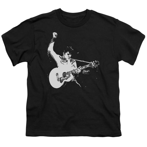 Trevco ELV568-YT-3 Elvis Presley - Black & White Guitarman Youth 18-1 Short Sleeve T-Shirt, Black - Large