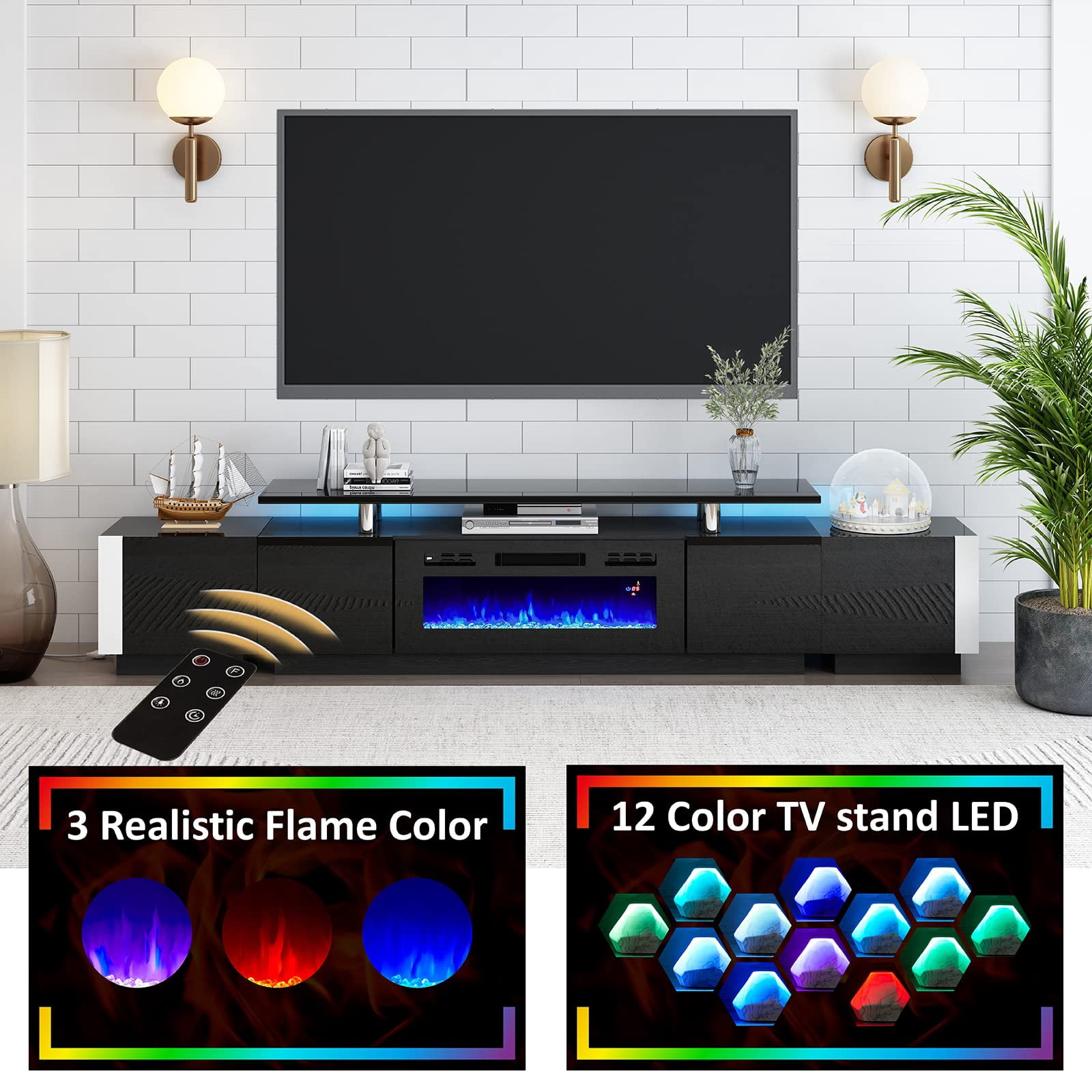 Amerlife 110" Large Fireplace TV Stand Set with 36" Electric Fireplace, Modern High Gloss TV Console Table for 80" TV, Black