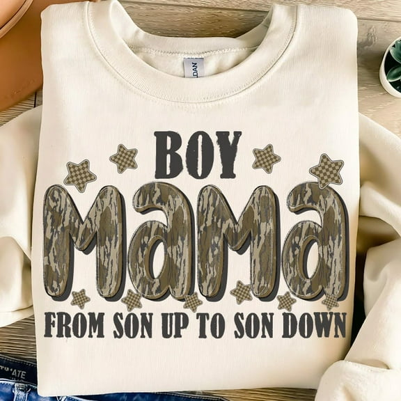 Boy Mama Camo Sweatshirt – From Son Up to Son Down Rustic Crewneck for Mothers of Boys with Patriotic Flair BTO