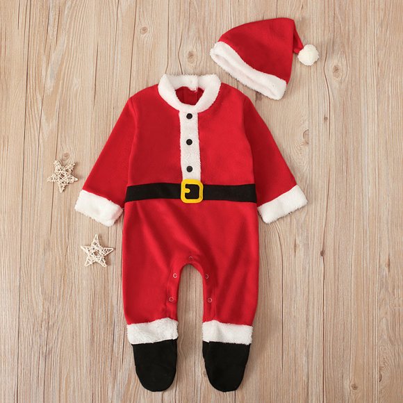 DEXIANG Baby Boys Girls Long Sleeve Christmas Santa Romper Jumpsuit+Hat Outfits Toddler Girl Outfits Summer 3 to 6 Months Baby Girl Clothes 12 to 18 Month Girl Clothes Baby Clothes Girl Baby Girl