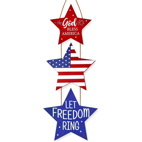 Gift Boutique Patriotic Wall Hanging Sign, God Bless America Let Freedom Ring Stars, Red White Blue 27in Vertical 4th of July Door Porch Decor