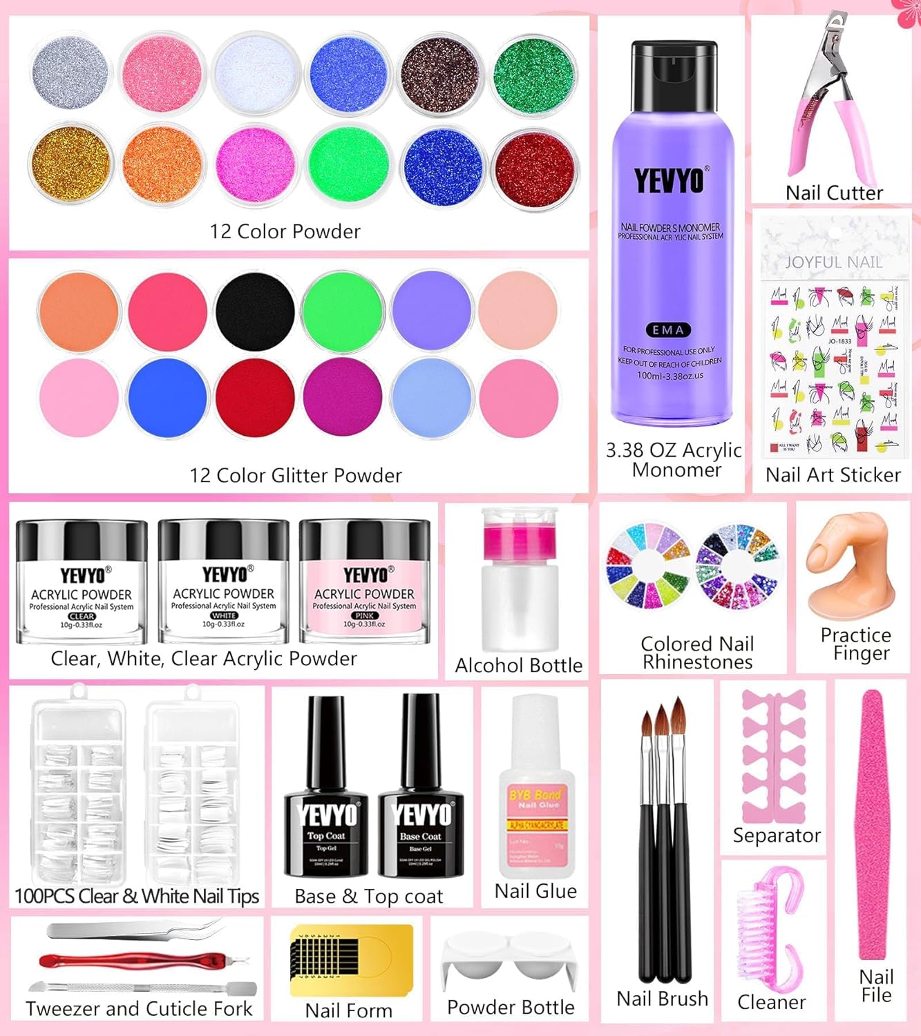 YEVYO Acrylic Nail Kit, Nail Kit for Beginners with Everything, 24 Colors Glitter Acrylic Powder and Liquid Monomer Set, 200 Pcs Nail Tips, 3 Pcs Acrylic Nail Brush for Home DIY Extension Nail Salon