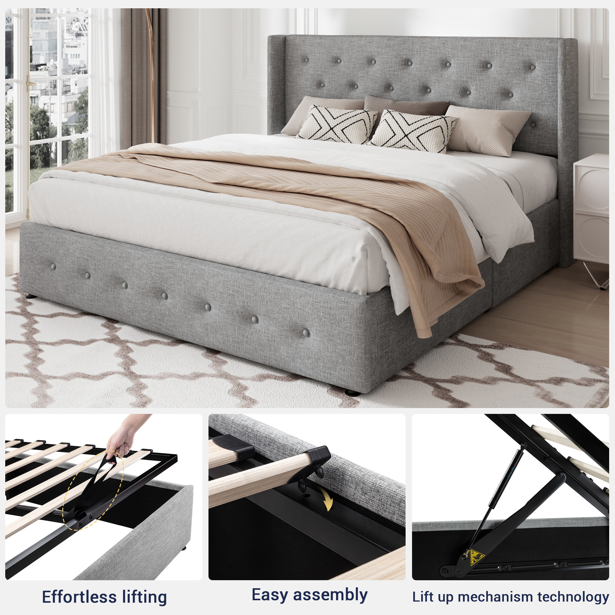 Allewie Queen Size Lift Up Platform Storage Bed Frame with Button Tufted Upholstered Wingback Headboard, Light Gray