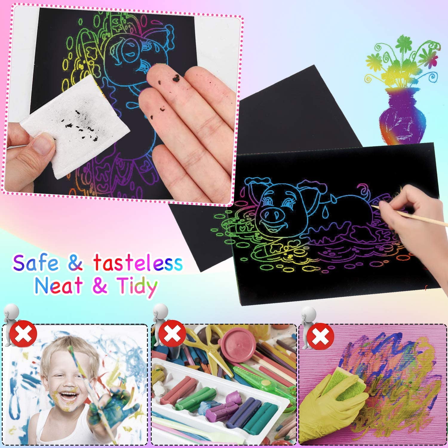 Scratch Art for Kids 50PCS Paper with 5 Wooden Styluses 4 Stencils Magic Scratch 