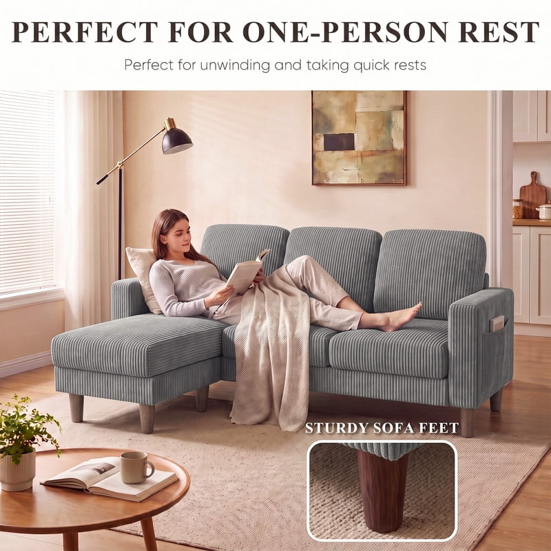 Lacoo L-Shaped Sofa Couch, 72" Modern Reversible Chaise Cloud Sofa with Cushions for Living Room, Apartment and Small Space, Corduroy Gray