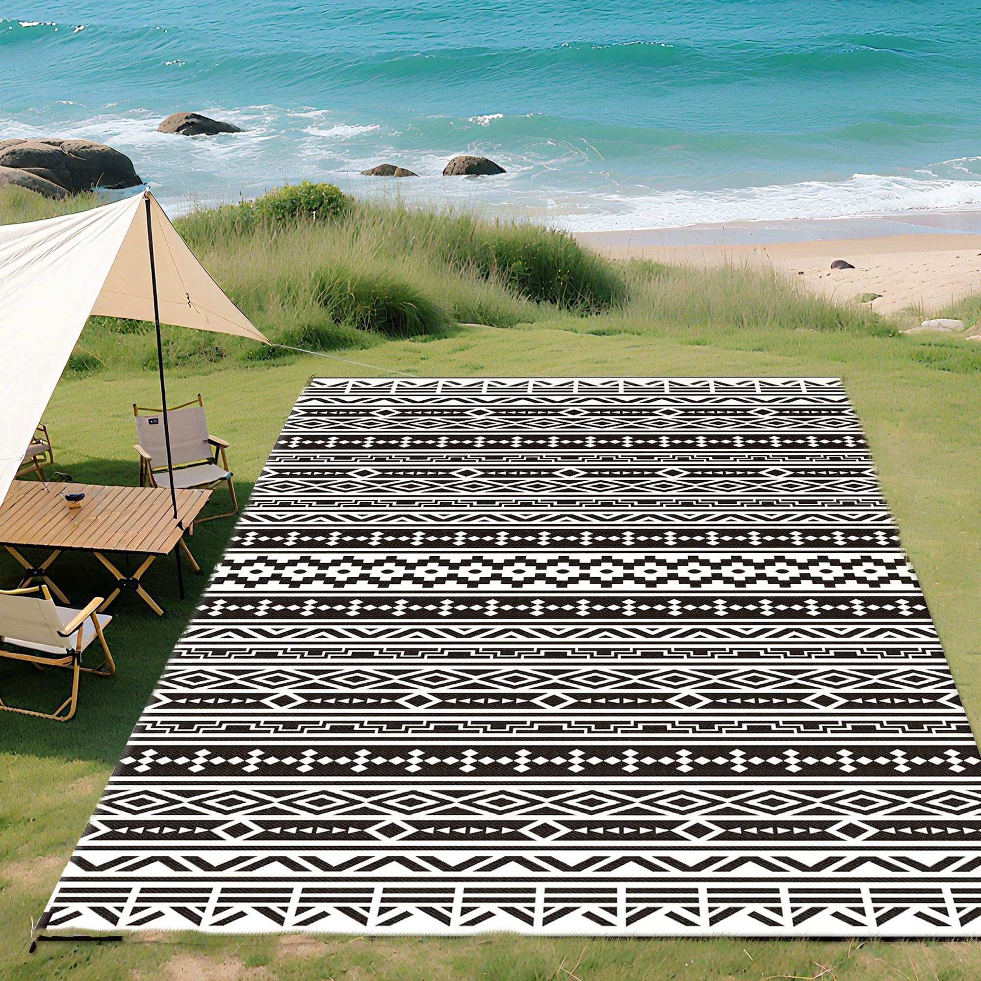 Outsunny Outdoor Patio Rug, Large Camping Carpet with Carrying Bag, 9' x 18' Waterproof Plastic Straw, Reversible, Black & White Geometric Wall