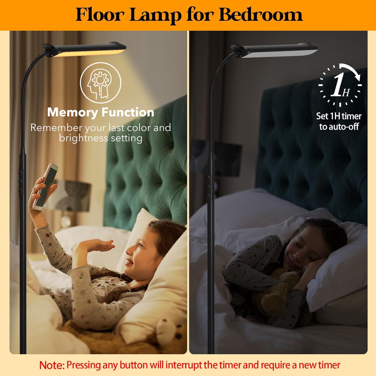 BN-LINK Floor Lamp with Timer, Standing Lamp with Remote and Touch Control, Stepless Adjustable Brightness & 3 Color Temperature, Tall Lamp for Living Room, Bedroom, Office