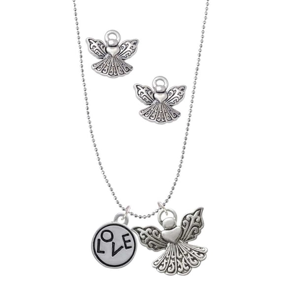Delight Jewelry Silvertone Love in Circle Silver tone Guardian Angel Charm Necklace and Stud Earrings