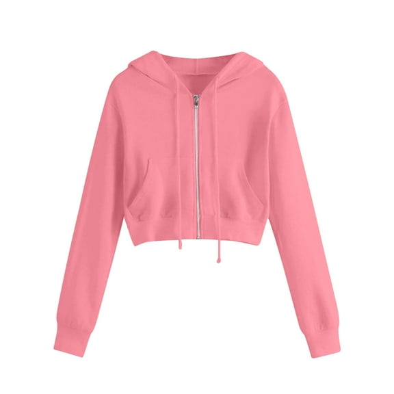BLTIBY Women's Zip Up Sweatshirt Jacket Hoodies Fall Solid Color Cropped Coat Drawstring Comfort Lightweight Casual Outwear with Pockets Pink S