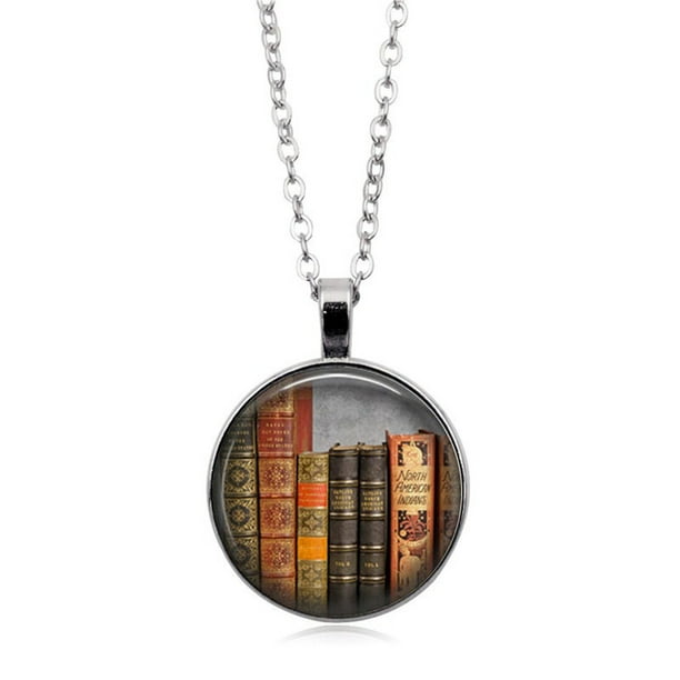 Collar para mujer, joyería para mujer, joyería vintage para mujer, collar de moda con colgante de biblioteca y libros, collar de hojas.