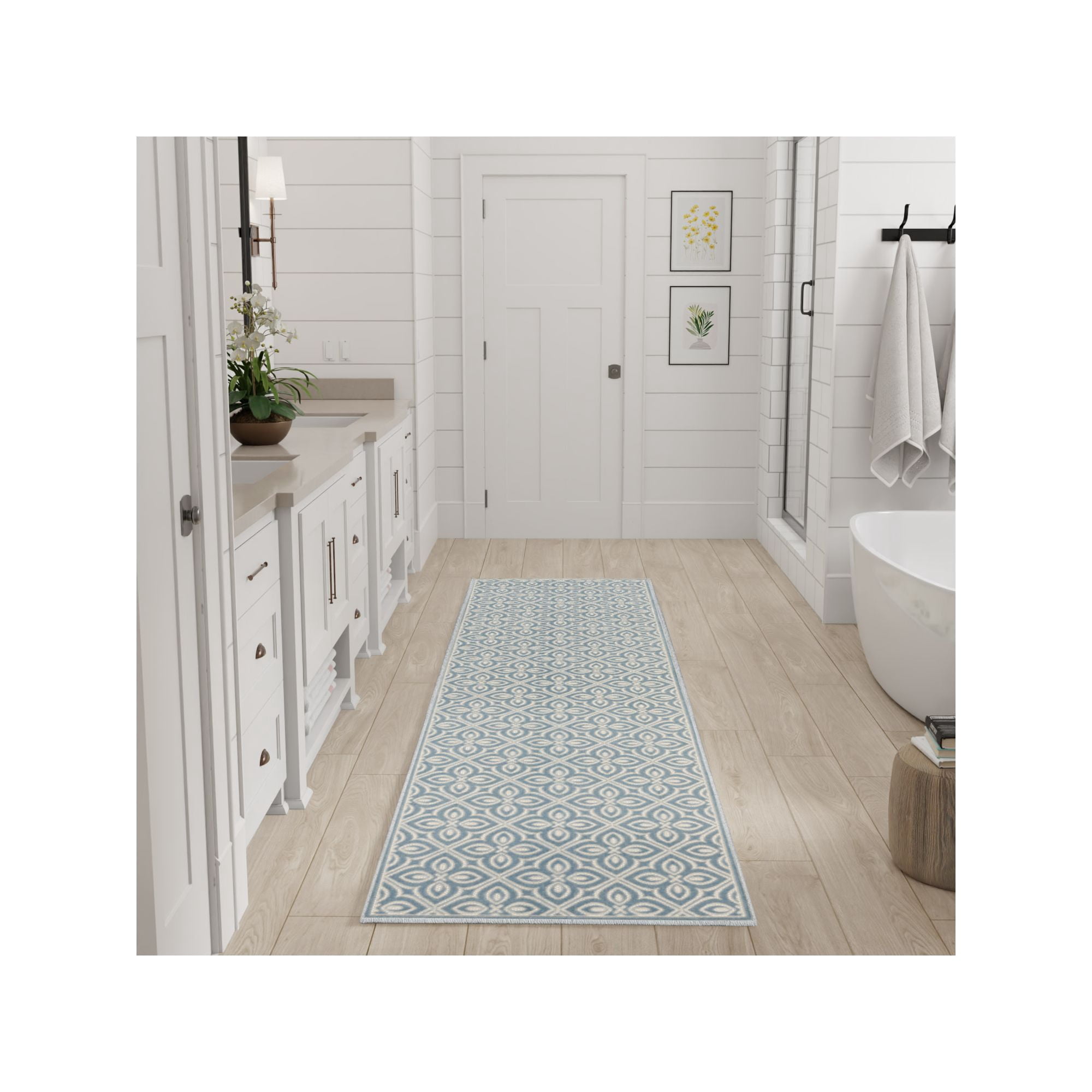 Nourison Washable Charm 2' x 6' Blue Ivory Contemporary Indoor Rug