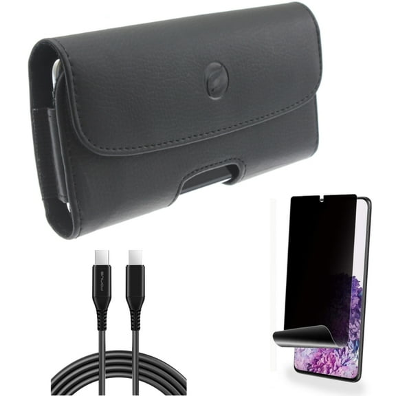 10ft Long USB-C Cable w Privacy Screen Protector w Case Belt Clip for Samsung Galaxy S20 Plus - PD Fast Charger Cord Power Wire, TPU Film [NOT GLASS] [Fingerprint Works], Leather fits Galaxy S20 Plus