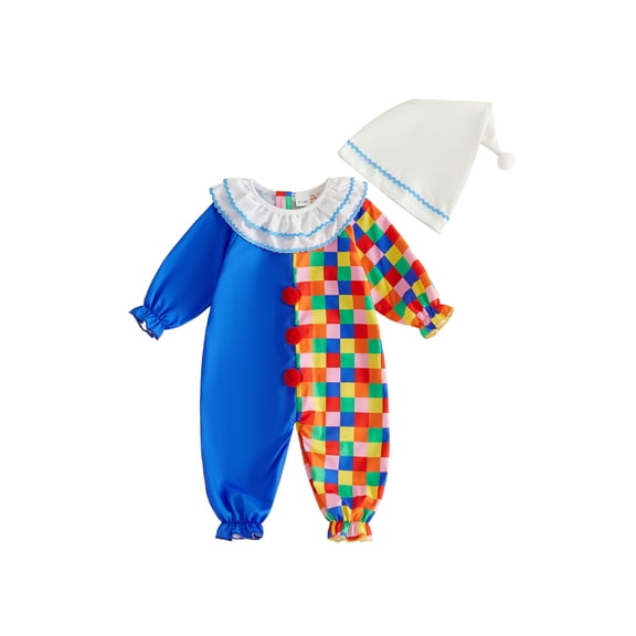 RUINIXCW Baby Clown Costume Set Long Sleeve Jumpsuit with Pom Pom Hat for Halloween Cosplay Party Photo Shoot