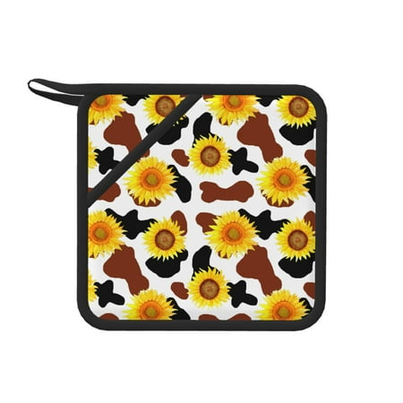 

1 PCS Pot Holders for Kitchen - Heat Resistant Silicone Pot Holders with Hanging Loop cow print sunflower western Non Slip Oven Hot Pads Potholders for Decor Baking Cooking Kitchen