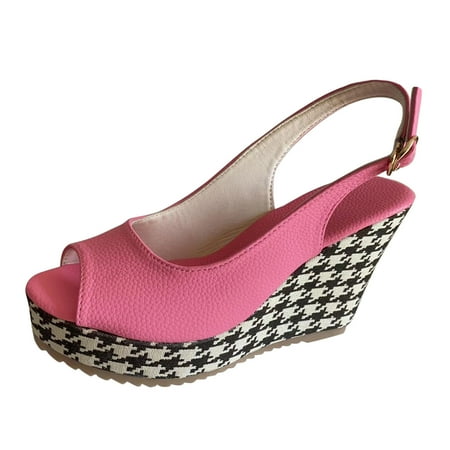 

SEMIMAY Ladies Fashion Summer Leather Open Toe Buckle Thousand Bird Check Printed Thick Wedge Heel Sandals Pink