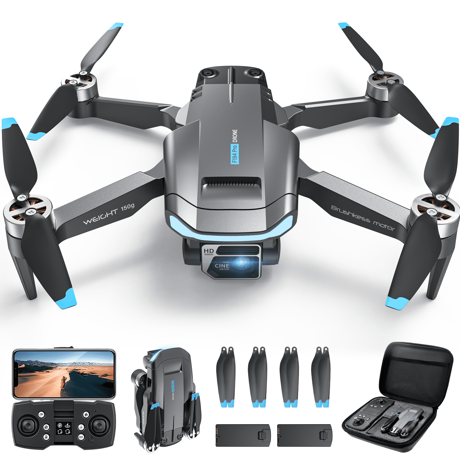 GPS Drone F194 with Camera for Adults 4K , AUOSHI Foldable Drone for Beginners with Auto Return Home, Optical Flow Positioning, Follow Me, Brushless Motor, 2 Batteries