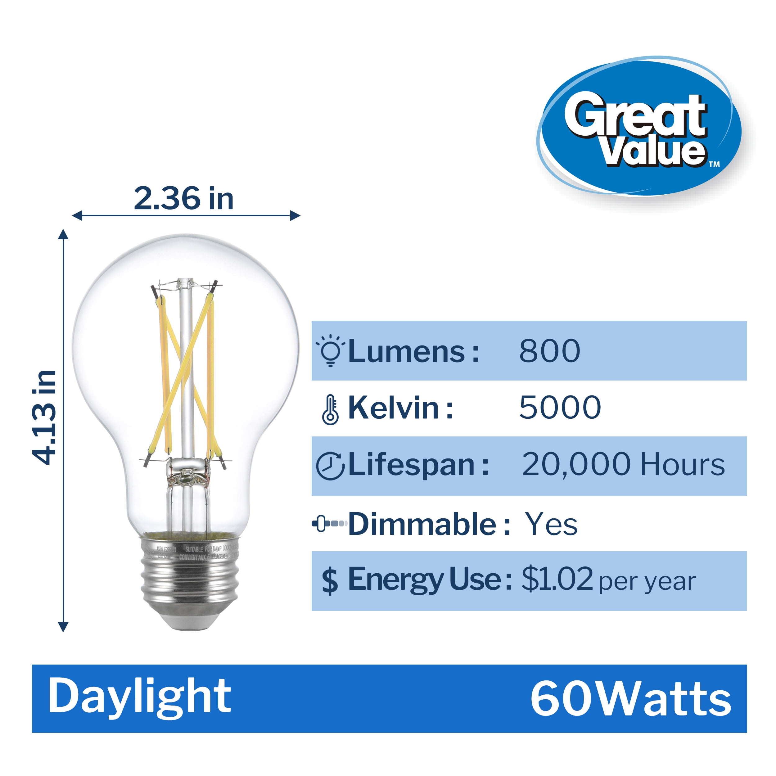 (2 pack) Great Value 18YR A19 LED Light Bulb, 8.5W(60W Equivalent) Dimmable Daylight E26 Medium Base, 4 Pack