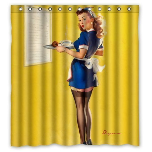 GreenDecor Retro Beautiful Pin Up Girl Waitress Body Art Work Canvas Style Waterproof Shower