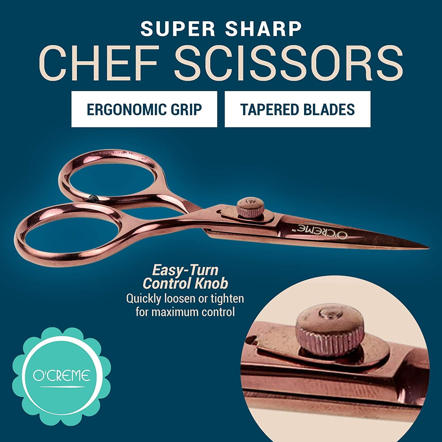 O'Creme Set of Culinary Tweezer Tongs Offset, Straight and Curved, Plus Super Sharp Chef Scissors, Total 6 Pieces Rose Gold