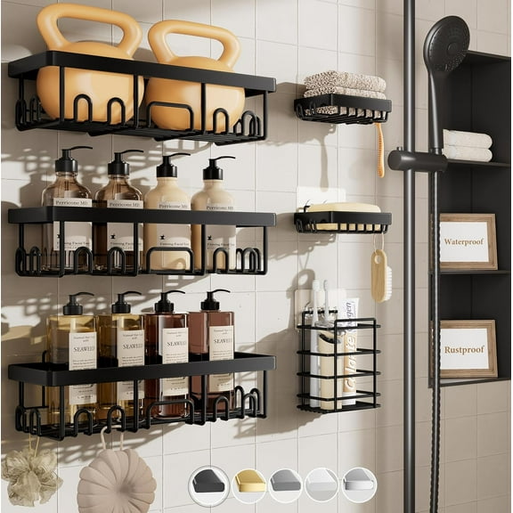 Stainless Steel Shower Caddy 6-Pack, No Drilling & Rustproof, Waterproof Adhesive Shelves Rack with Soap Holder, Large Capacity Bathroom Organizers and Storage, Wall-Mounted Kitchen & Home Decor