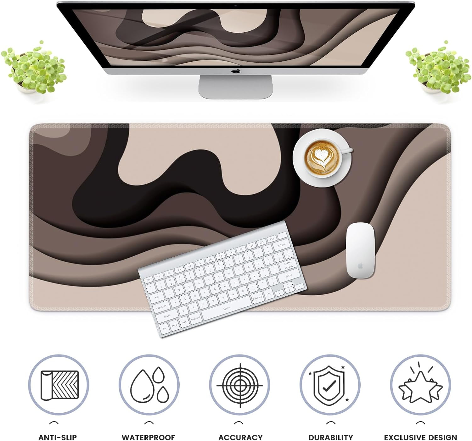 Topographic Mouse Pad, Gaming Mouse Pad, Extended Desk Pad 35.4x15.75in XXL Mouse Pad with Non-Slip Rubber Base, Abstract Mice Pad Desk Mat, Tan