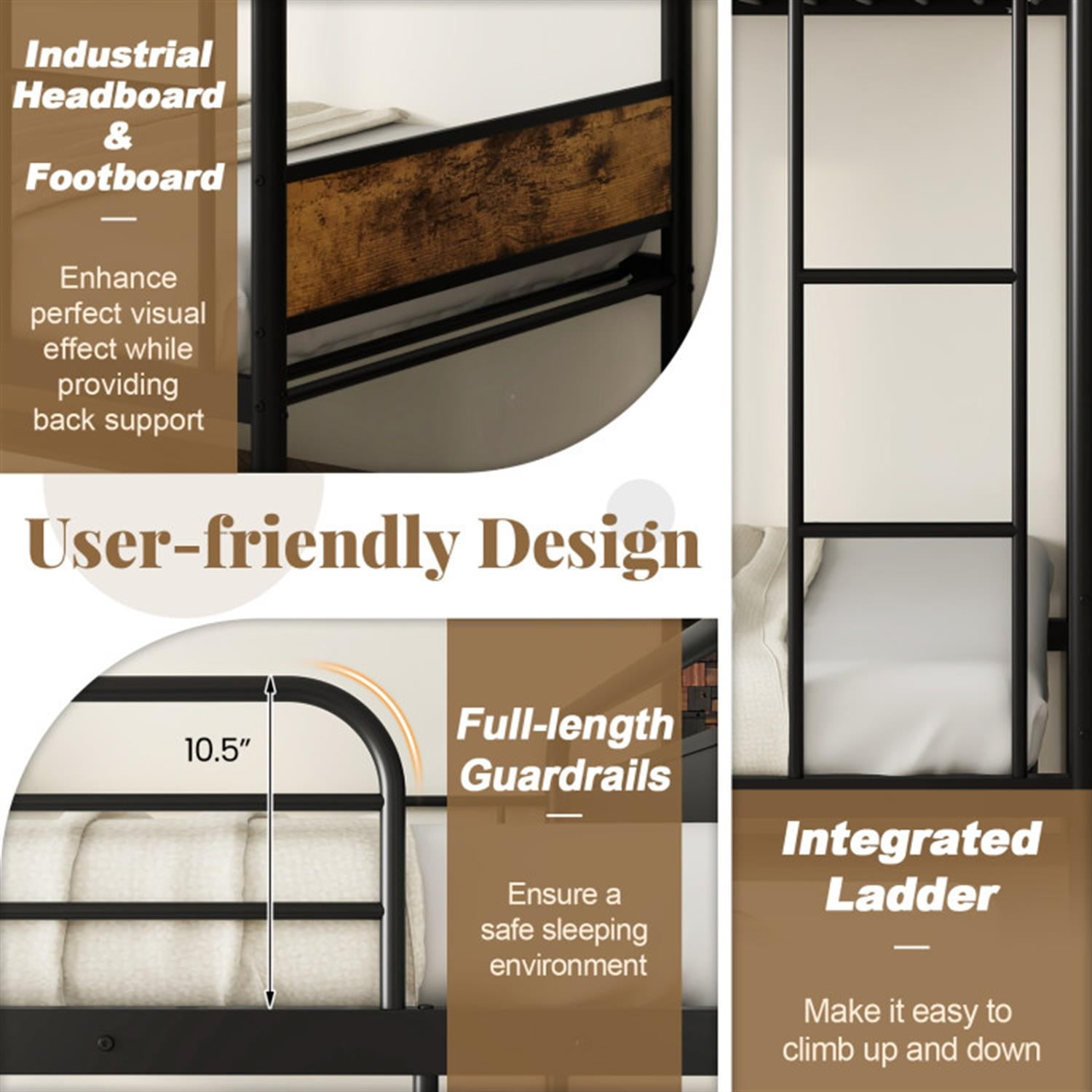 Demi Bonn Twin Over Twin Bunk Bed with Ladder and Full-length Guardrails, Metal Bunkbeds with Trundle for Bedroom, No Box Spring Needed, Black