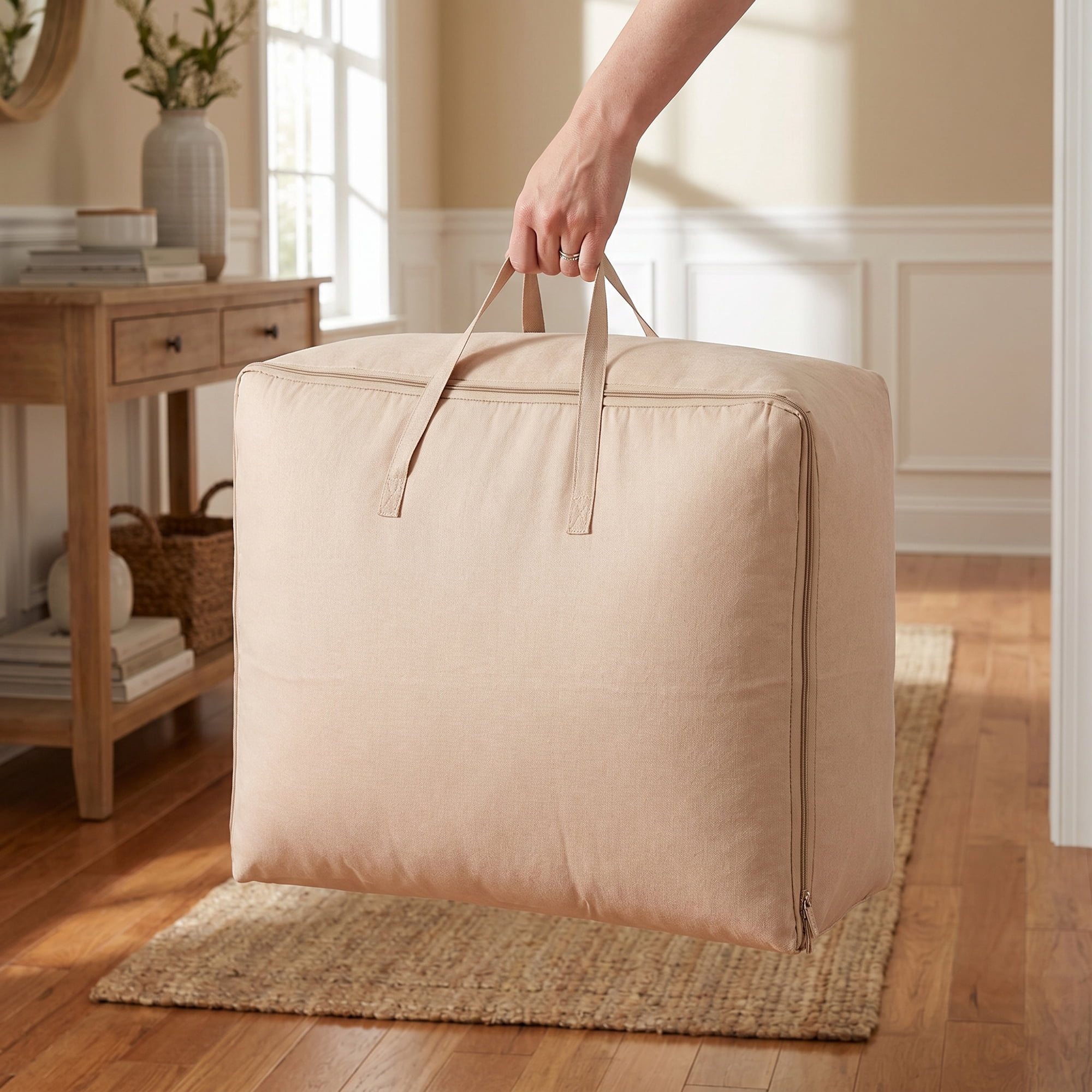 Unique Bargains Cation Fabric Storage Duffel Large Zipper Carry Bag Beige 23.6"x19.7"x9.8"
