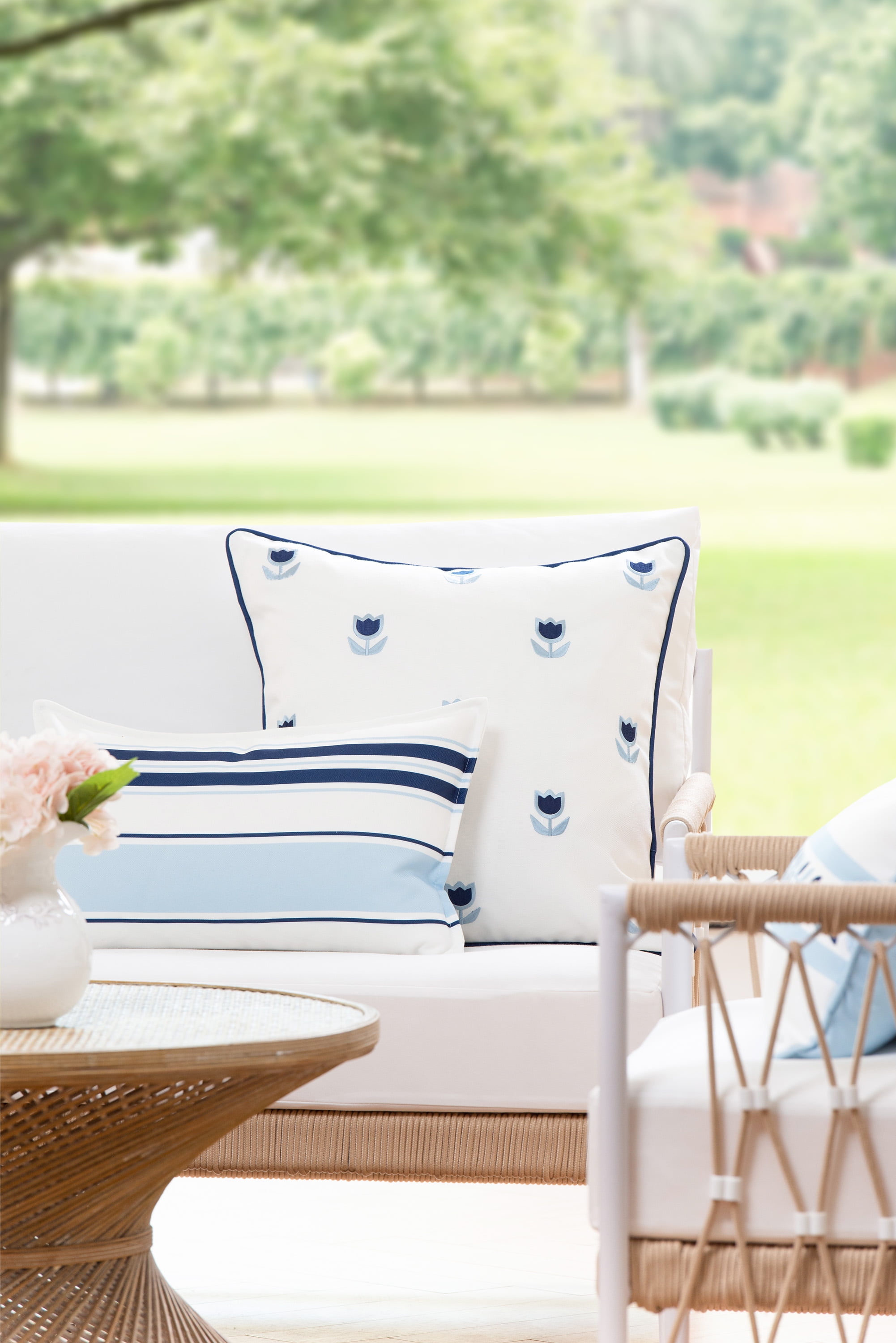 Hofdeco Premium Coastal Patio Indoor Outdoor Lumbar Pillow Cover Only, 12"x20" Water Repellent for Backyard, Couch, Navy Baby Blue Stripes