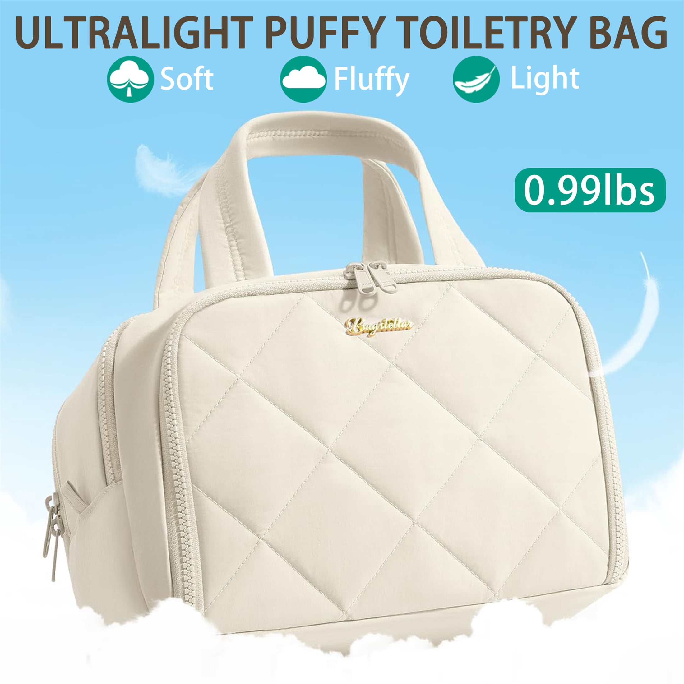 Puffy Travel Toiletry Bag for Women, Wide-Open Cosmetic Makeup Bag Organizer with Handle, Lightweight Quilted Travel Bag for Accessories, Essentials, Toiletries, Beige