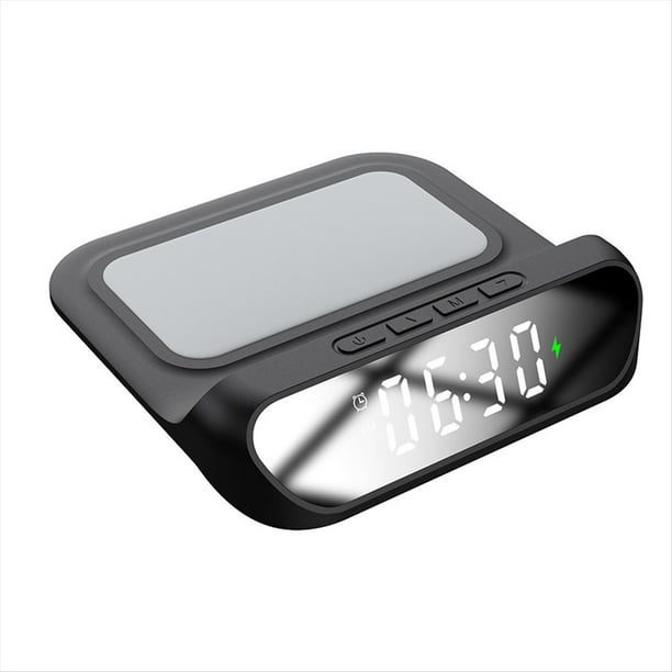 Cargador Multifuncional, Reloj de Escritorio, Cargador Inalámbrico para Teléfono Móvil, Reloj con Pantalla Digital 2 en 1, Cargador Inalámbrico Negro.
